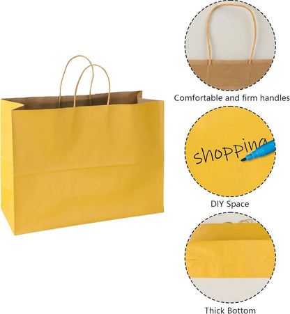 BLEWINDZ 70Pcs Large Paper Bags with Handles, 16x6x12 Inches Yellow Paper Shopping Bag for Small Business, Large Kraft Gift Bag Bulk for Grocery Mechandise Retail