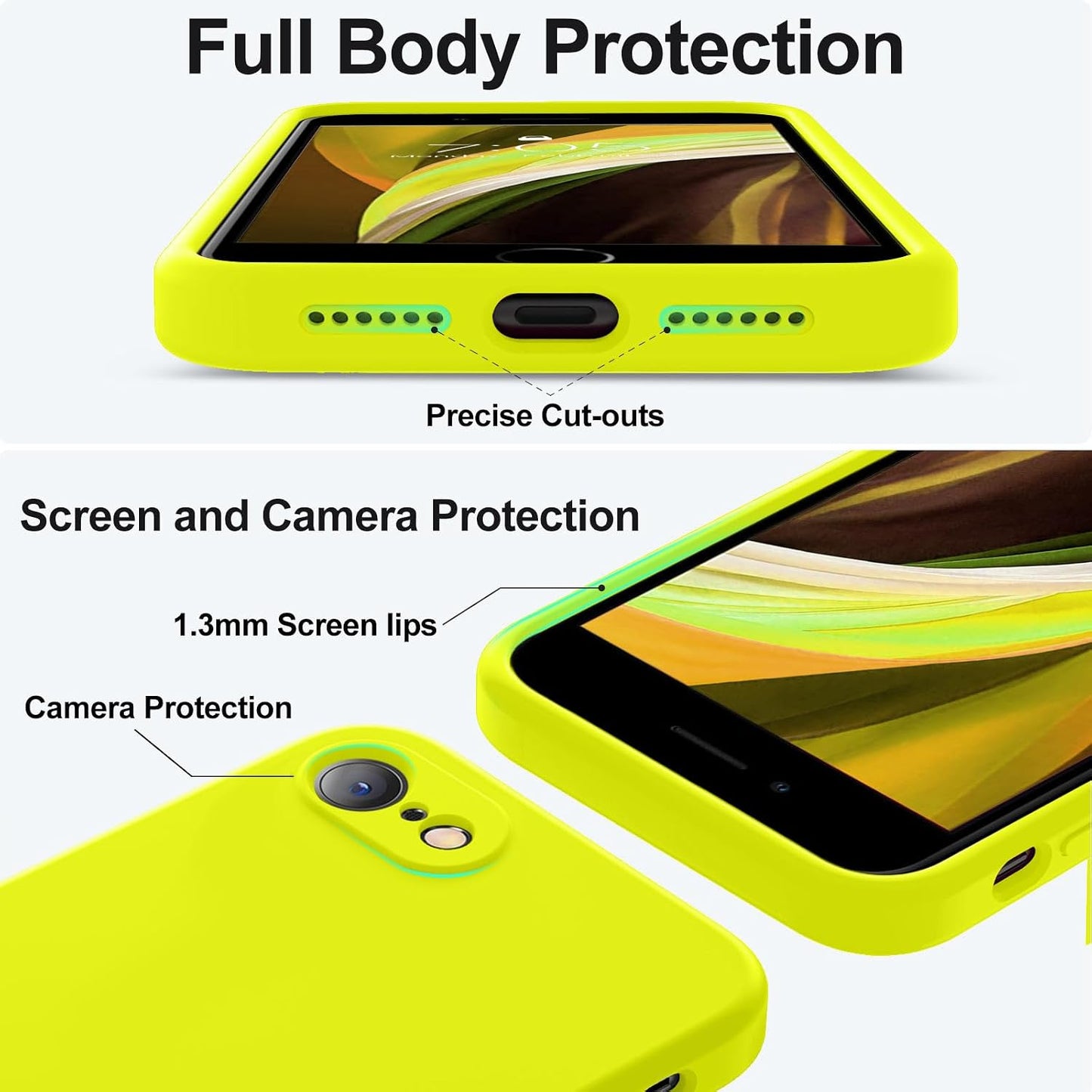 for iPhone SE Case 2022/3rd/2020,iPhone 8/7 Case, Upgraded Liquid Silicone with [Flat Edges] [Camera Protection] [Soft Anti-Scratch Microfiber Lining] Phone Case for iPhone SE - Neon Lemon
