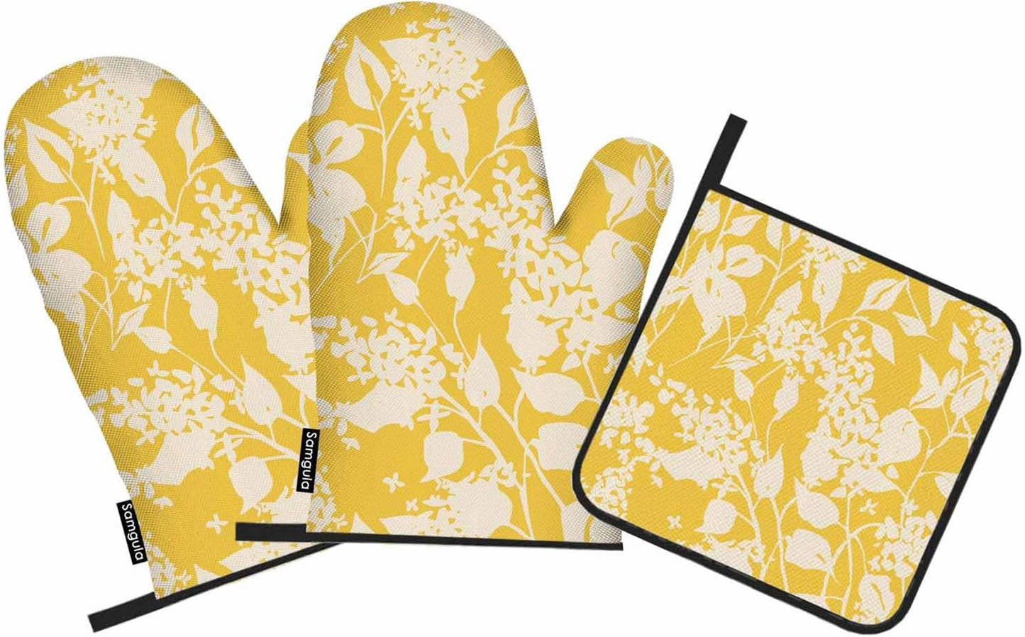 Yellow Floral Oven Mitts and Pot Holders Sets Vintage Lilac Flowers Rustic Heat Resistant 3pcs for Cooking Baking BBQ