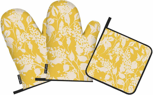 Yellow Floral Oven Mitts and Pot Holders Sets Vintage Lilac Flowers Rustic Heat Resistant 3pcs for Cooking Baking BBQ