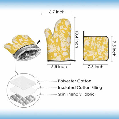 Yellow Floral Oven Mitts and Pot Holders Sets Vintage Lilac Flowers Rustic Heat Resistant 3pcs for Cooking Baking BBQ