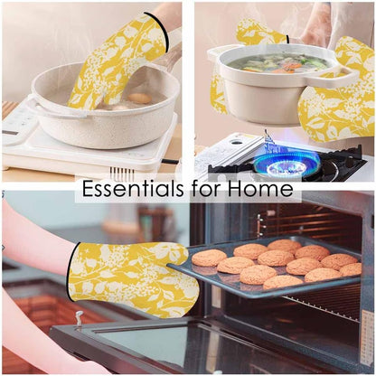 Yellow Floral Oven Mitts and Pot Holders Sets Vintage Lilac Flowers Rustic Heat Resistant 3pcs for Cooking Baking BBQ