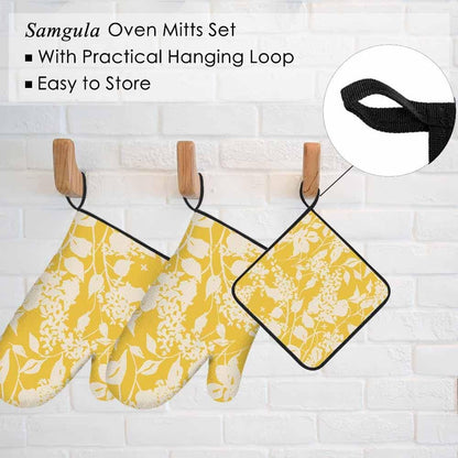 Yellow Floral Oven Mitts and Pot Holders Sets Vintage Lilac Flowers Rustic Heat Resistant 3pcs for Cooking Baking BBQ