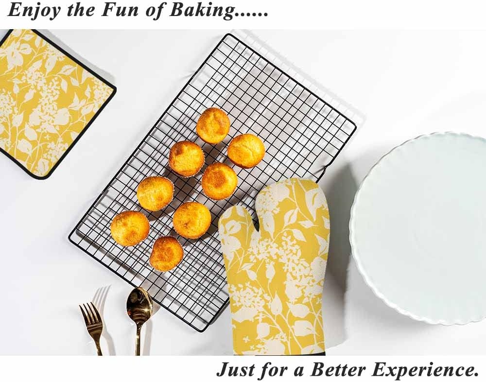 Yellow Floral Oven Mitts and Pot Holders Sets Vintage Lilac Flowers Rustic Heat Resistant 3pcs for Cooking Baking BBQ