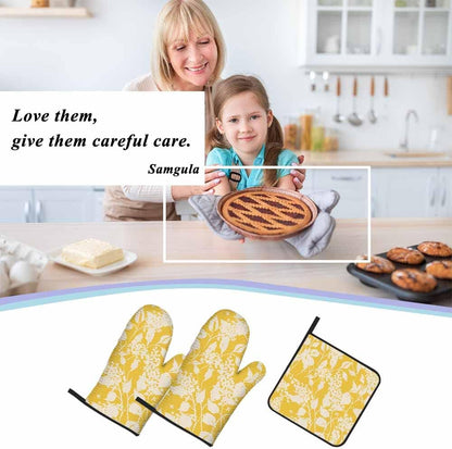 Yellow Floral Oven Mitts and Pot Holders Sets Vintage Lilac Flowers Rustic Heat Resistant 3pcs for Cooking Baking BBQ