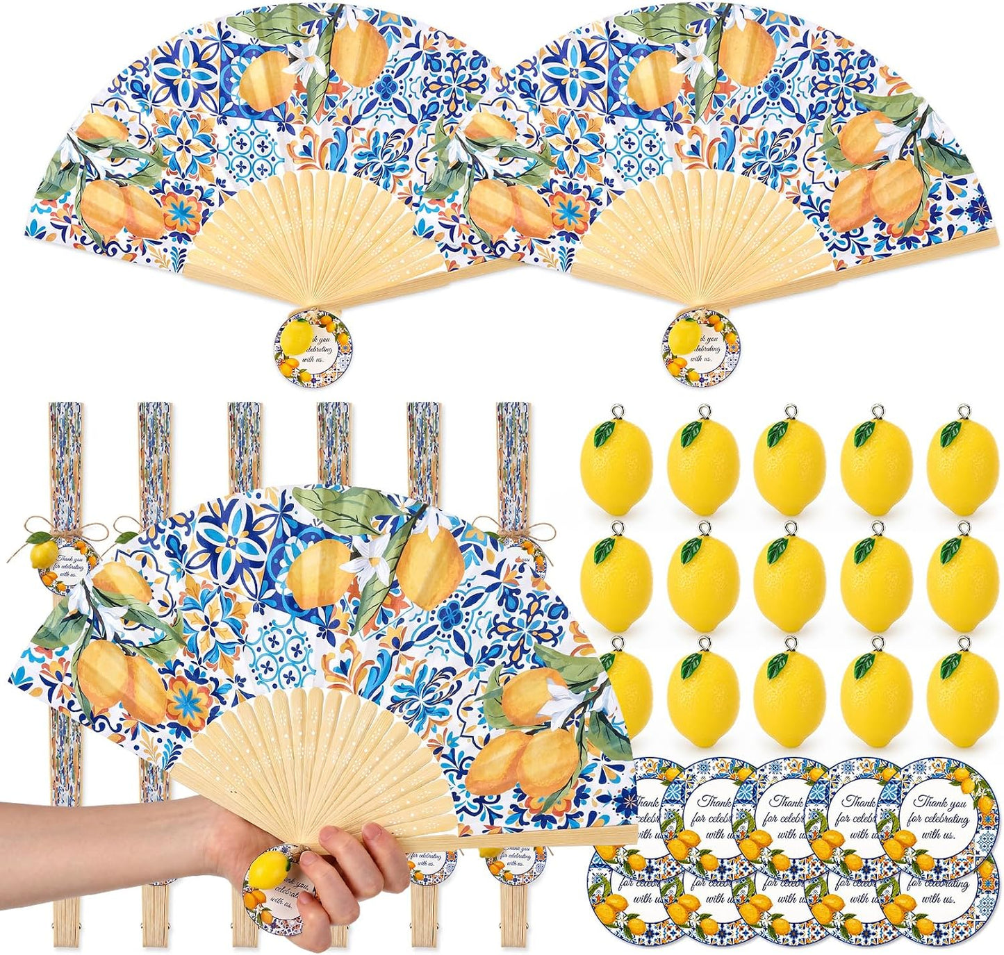 25 Sets Lemon Paper Fans with Cards and Fake Lemons Capri Lemon Folding Hand Paper Fans for Bridal Wedding Guests Gift Mediterranean Party Decorations Bridal Shower Supplies