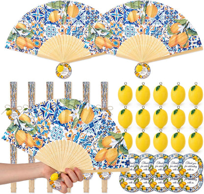 25 Sets Lemon Paper Fans with Cards and Fake Lemons Capri Lemon Folding Hand Paper Fans for Bridal Wedding Guests Gift Mediterranean Party Decorations Bridal Shower Supplies