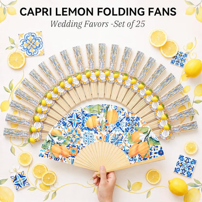 25 Sets Lemon Paper Fans with Cards and Fake Lemons Capri Lemon Folding Hand Paper Fans for Bridal Wedding Guests Gift Mediterranean Party Decorations Bridal Shower Supplies