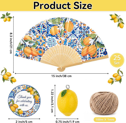 25 Sets Lemon Paper Fans with Cards and Fake Lemons Capri Lemon Folding Hand Paper Fans for Bridal Wedding Guests Gift Mediterranean Party Decorations Bridal Shower Supplies
