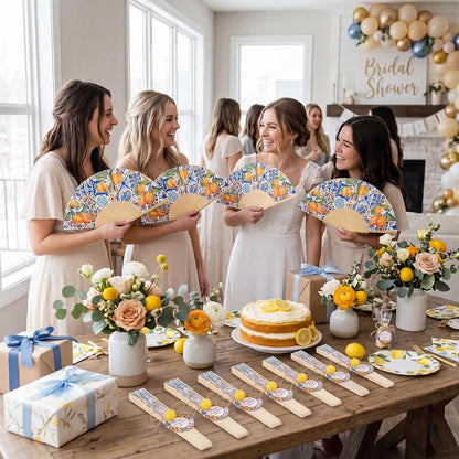 25 Sets Lemon Paper Fans with Cards and Fake Lemons Capri Lemon Folding Hand Paper Fans for Bridal Wedding Guests Gift Mediterranean Party Decorations Bridal Shower Supplies