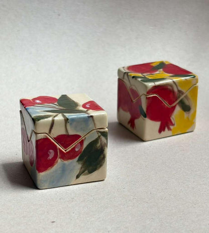 Ceramic Jewelry Box, Small Trinket Storage, Fruit Painted Design, Lidded Cube