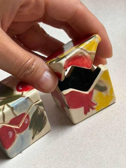 Ceramic Jewelry Box, Small Trinket Storage, Fruit Painted Design, Lidded Cube