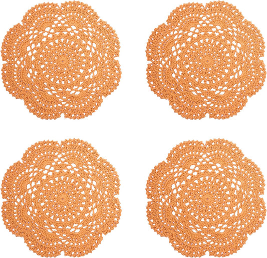 8 Inch Doilies Crochet Round Lace Doily Handmade Placemats 100% Cotton Crocheted Coasters, Pack of 4 (Yellow)