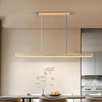 Natural Yellow Travertine Linear Pendant Light Tricolor LED (3000K/4000K/6000K) Hanging Lamp Solid Wood & Stone Chandelier with Adjustable Height for Dining Room Kitchen Island Bedroom - 120cm