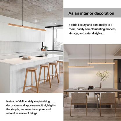 Natural Yellow Travertine Linear Pendant Light Tricolor LED (3000K/4000K/6000K) Hanging Lamp Solid Wood & Stone Chandelier with Adjustable Height for Dining Room Kitchen Island Bedroom - 120cm