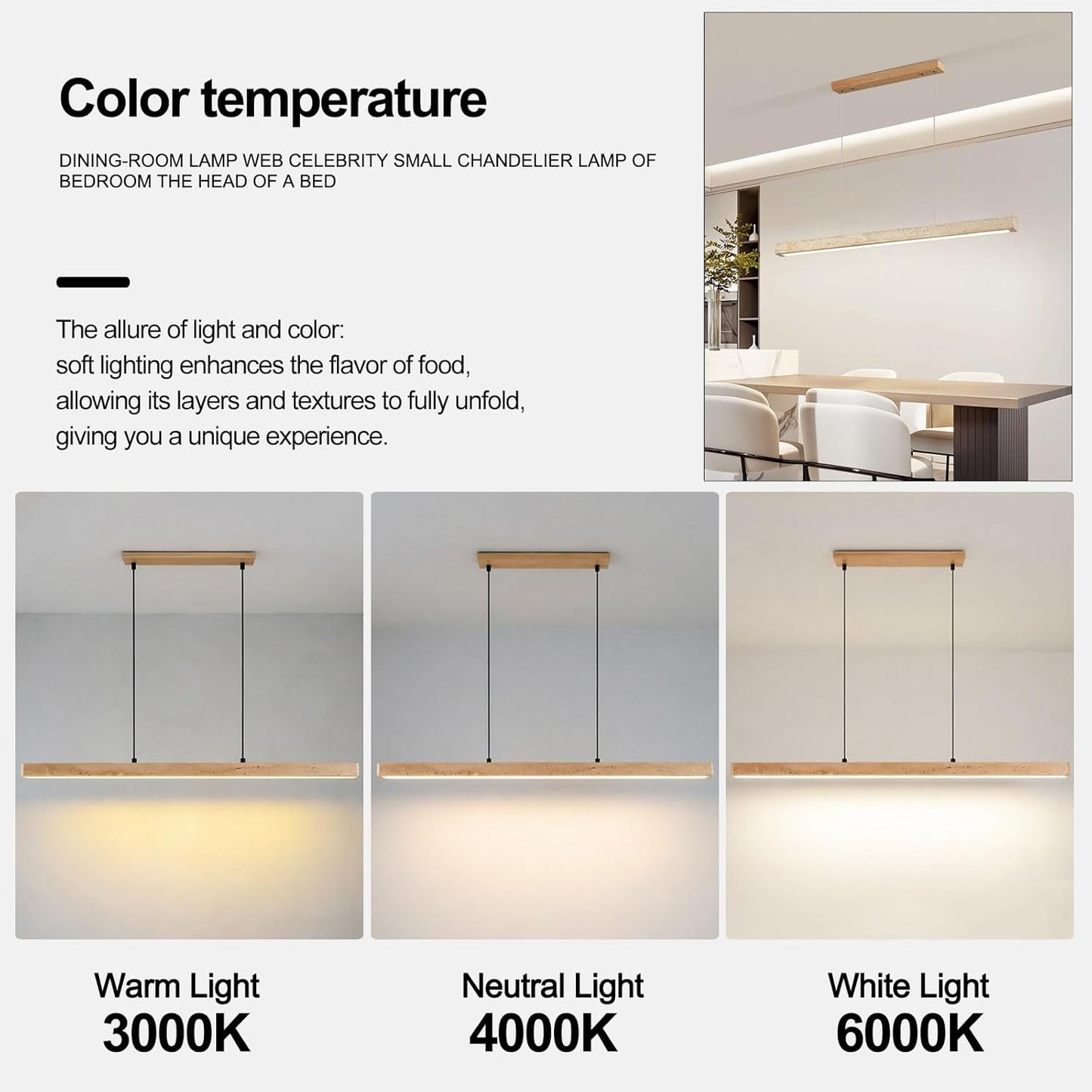 Natural Yellow Travertine Linear Pendant Light Tricolor LED (3000K/4000K/6000K) Hanging Lamp Solid Wood & Stone Chandelier with Adjustable Height for Dining Room Kitchen Island Bedroom - 120cm