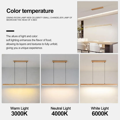 Natural Yellow Travertine Linear Pendant Light Tricolor LED (3000K/4000K/6000K) Hanging Lamp Solid Wood & Stone Chandelier with Adjustable Height for Dining Room Kitchen Island Bedroom - 120cm
