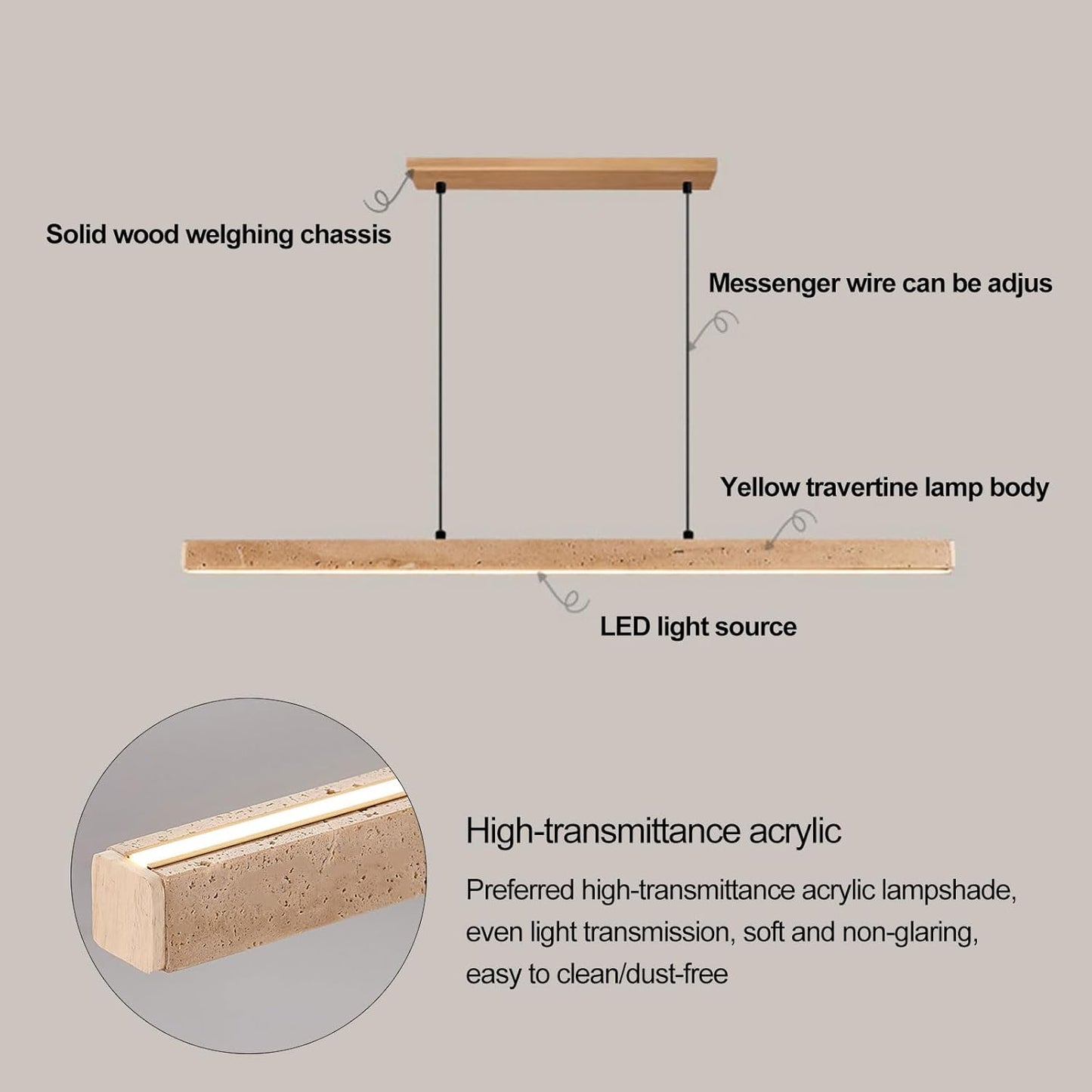Natural Yellow Travertine Linear Pendant Light Tricolor LED (3000K/4000K/6000K) Hanging Lamp Solid Wood & Stone Chandelier with Adjustable Height for Dining Room Kitchen Island Bedroom - 120cm