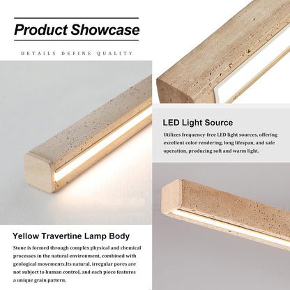 Natural Yellow Travertine Linear Pendant Light Tricolor LED (3000K/4000K/6000K) Hanging Lamp Solid Wood & Stone Chandelier with Adjustable Height for Dining Room Kitchen Island Bedroom - 120cm