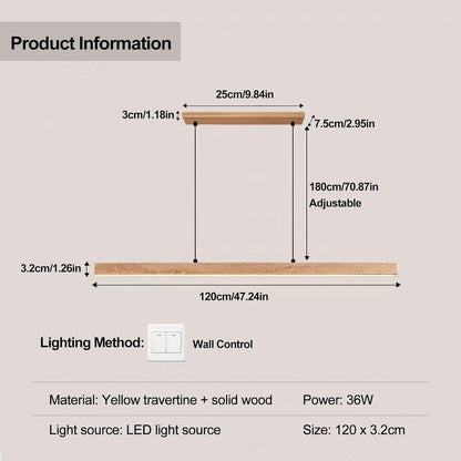 Natural Yellow Travertine Linear Pendant Light Tricolor LED (3000K/4000K/6000K) Hanging Lamp Solid Wood & Stone Chandelier with Adjustable Height for Dining Room Kitchen Island Bedroom - 120cm