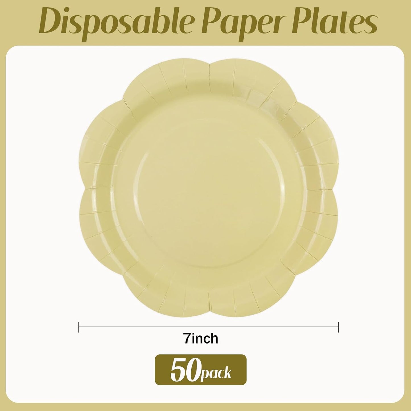 50 Pack Yellow Paper Plates 7 Inch, Disposable Scalloped Plates Cake Dessert Plate for Summer Dinner Baby Shower Wedding Bridal Shower Birthday Party Supplies (Yellow, 7 inch)