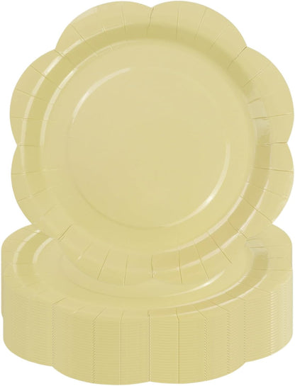 50 Pack Yellow Paper Plates 7 Inch, Disposable Scalloped Plates Cake Dessert Plate for Summer Dinner Baby Shower Wedding Bridal Shower Birthday Party Supplies (Yellow, 7 inch)