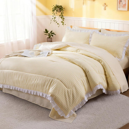 5 Pieces Lightweight Soft Rustic Yellow Ruffle Comforter, Plaid Checkered Chic Bedding Comforter Set for Queen Bed