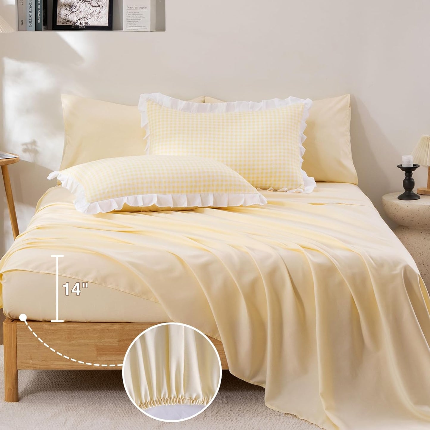 5 Pieces Lightweight Soft Rustic Yellow Ruffle Comforter, Plaid Checkered Chic Bedding Comforter Set for Queen Bed
