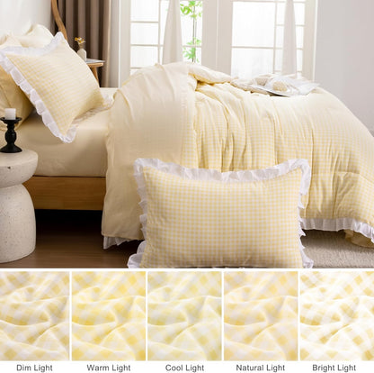 5 Pieces Lightweight Soft Rustic Yellow Ruffle Comforter, Plaid Checkered Chic Bedding Comforter Set for Queen Bed