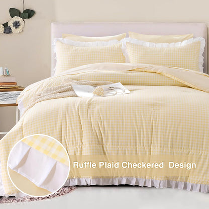 5 Pieces Lightweight Soft Rustic Yellow Ruffle Comforter, Plaid Checkered Chic Bedding Comforter Set for Queen Bed