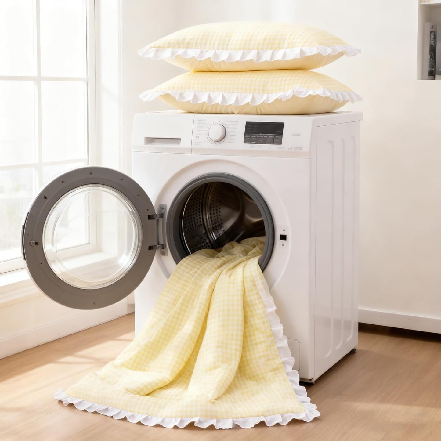 5 Pieces Lightweight Soft Rustic Yellow Ruffle Comforter, Plaid Checkered Chic Bedding Comforter Set for Queen Bed