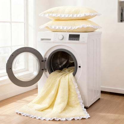 5 Pieces Lightweight Soft Rustic Yellow Ruffle Comforter, Plaid Checkered Chic Bedding Comforter Set for Queen Bed