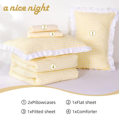 5 Pieces Lightweight Soft Rustic Yellow Ruffle Comforter, Plaid Checkered Chic Bedding Comforter Set for Queen Bed