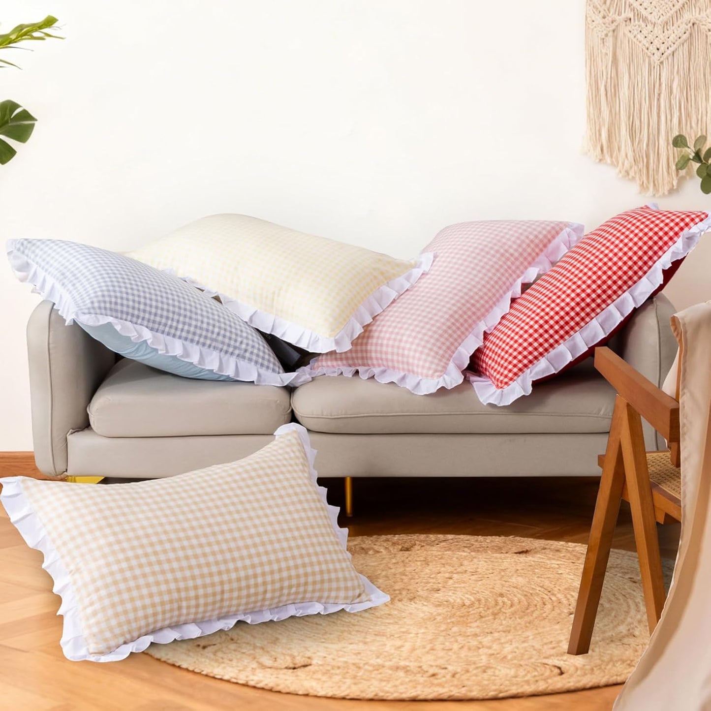 5 Pieces Lightweight Soft Rustic Yellow Ruffle Comforter, Plaid Checkered Chic Bedding Comforter Set for Queen Bed