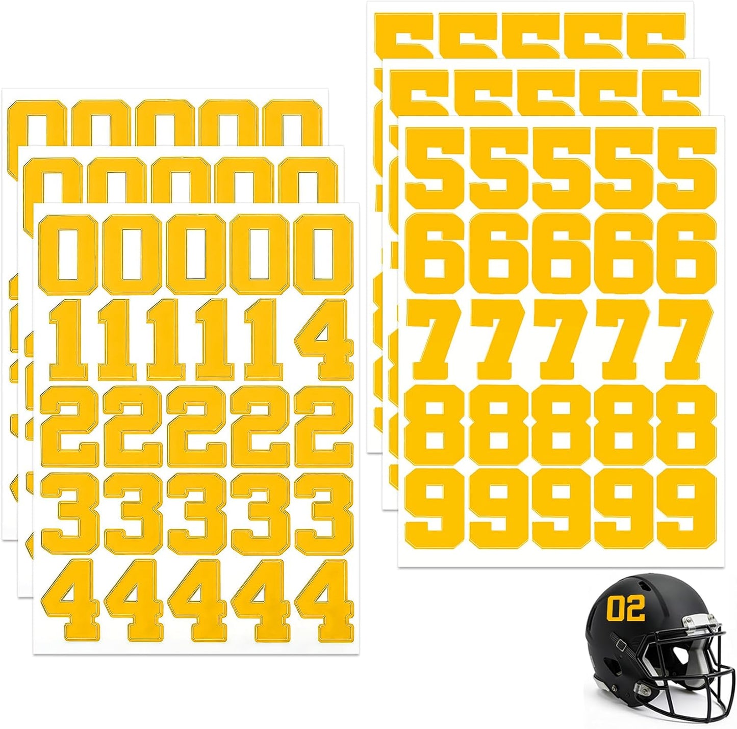 Helmet Number Stickers, 150 Pcs Self Adhesive Helmet Number Stickers, 1.25 Inch Yellow Vinyl Sports Numbers Decals Waterproof Baseball Helmets Sticker for Hockey Football Softball Lacrosse Batting