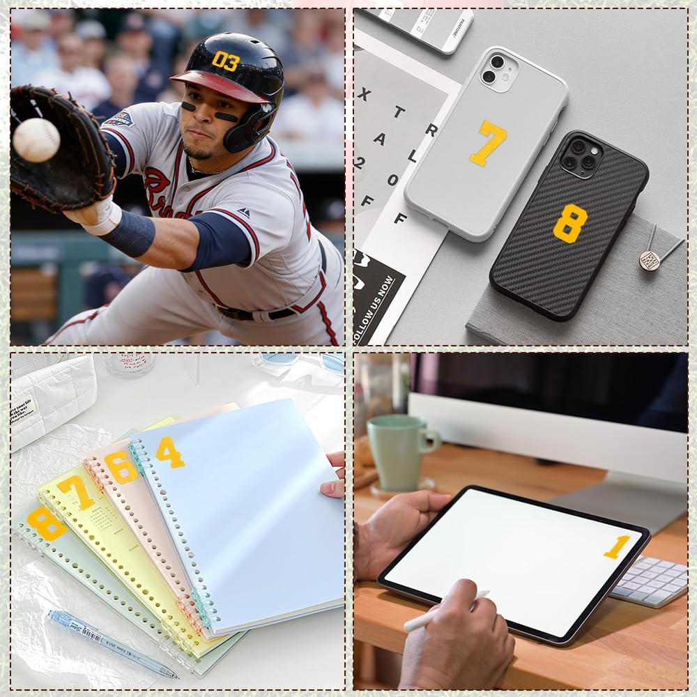 Helmet Number Stickers, 150 Pcs Self Adhesive Helmet Number Stickers, 1.25 Inch Yellow Vinyl Sports Numbers Decals Waterproof Baseball Helmets Sticker for Hockey Football Softball Lacrosse Batting