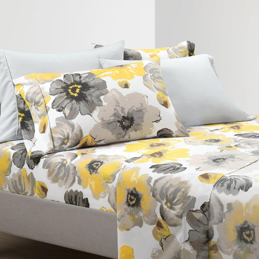 Leah Soft Floral Sheet Set, 6 Piece Set, Queen, Yellow & Gray- Queen Size Sheet Set - Printed Bedding - Watercolor Florals - Farmhouse Décor