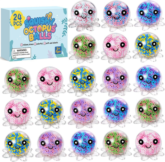 24 Pack Octopus Stress Balls Set for Kids Adults, | Cute Squishy Squeeze Fidget Toys for Anxiety Stress Relief, Perfect Party Favors Easter Basket Stuffers Birthday Gifts