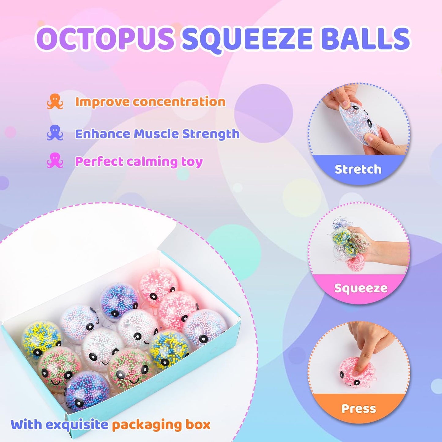 24 Pack Octopus Stress Balls Set for Kids Adults, | Cute Squishy Squeeze Fidget Toys for Anxiety Stress Relief, Perfect Party Favors Easter Basket Stuffers Birthday Gifts
