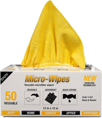 200GSM Microfiber Cleaning and Drying Cloths with Dispenser Box, Reusable, Streak-Free, Scratch-Free, Ultra Absorbent, Edgeless for All Surface Types, 12x12in, 50-Pack, Yellow