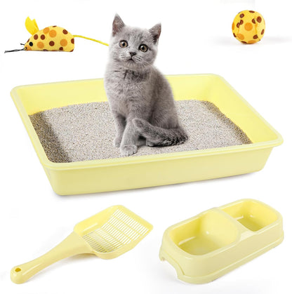 Newborn Kitty Litter Box Set, 5-Piece Cat Starter Kit – Includes Low-Entry Litter Pan, Scooper, Feeding Bowls & Mouse Toy, Ideal for New Kittens, 14.5 x 10.5 Inches, Yellow