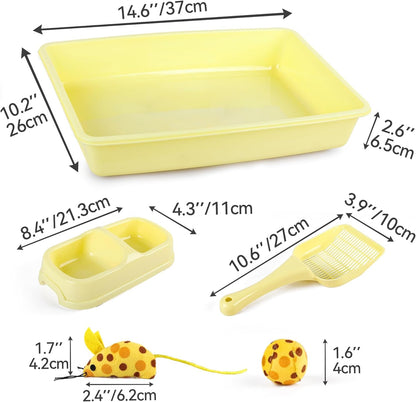 Newborn Kitty Litter Box Set, 5-Piece Cat Starter Kit – Includes Low-Entry Litter Pan, Scooper, Feeding Bowls & Mouse Toy, Ideal for New Kittens, 14.5 x 10.5 Inches, Yellow