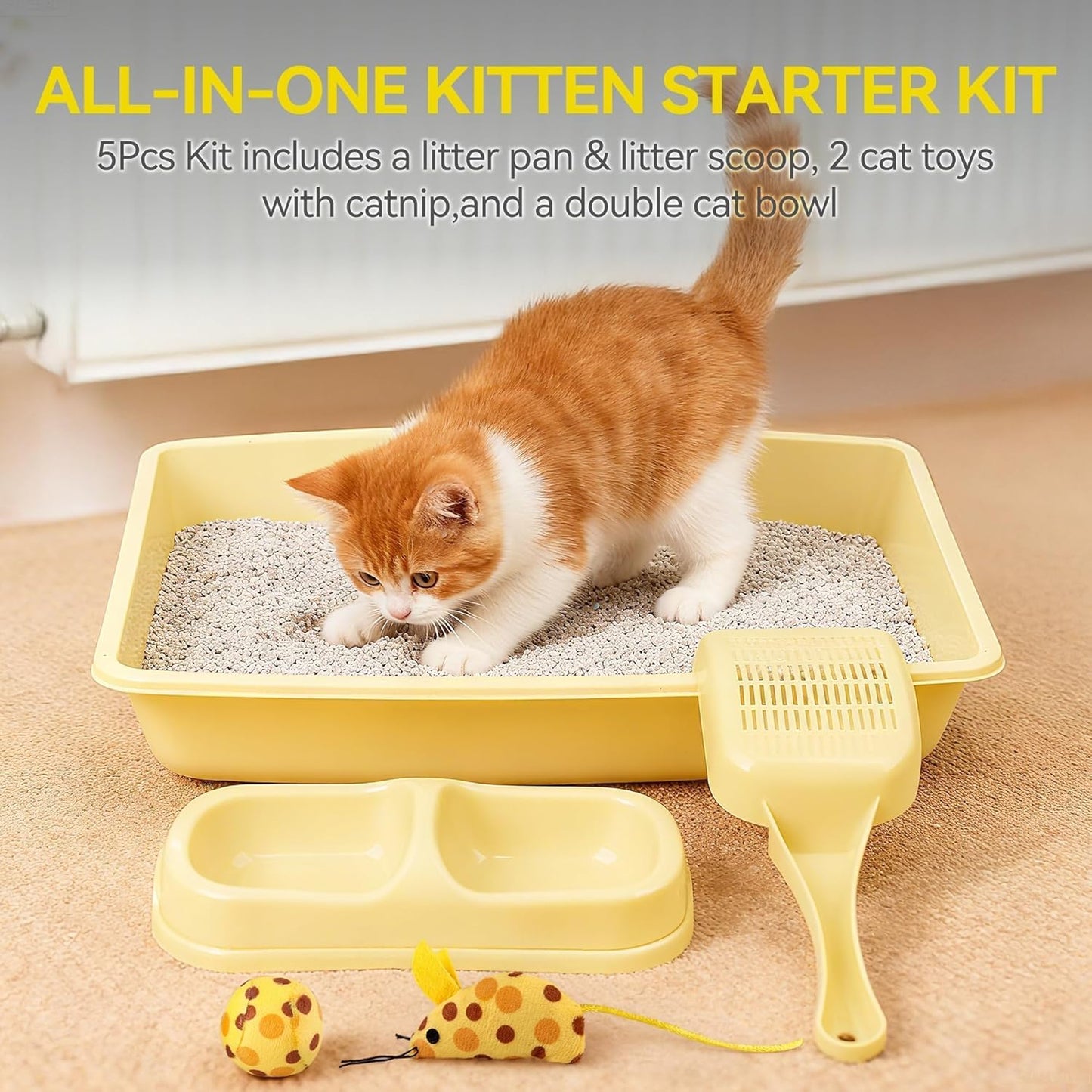 Newborn Kitty Litter Box Set, 5-Piece Cat Starter Kit – Includes Low-Entry Litter Pan, Scooper, Feeding Bowls & Mouse Toy, Ideal for New Kittens, 14.5 x 10.5 Inches, Yellow
