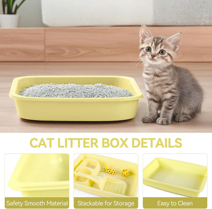 Newborn Kitty Litter Box Set, 5-Piece Cat Starter Kit – Includes Low-Entry Litter Pan, Scooper, Feeding Bowls & Mouse Toy, Ideal for New Kittens, 14.5 x 10.5 Inches, Yellow