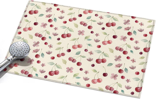 Summer Cherry Harvest Flower Area Rug 2x3,Watercolor Fruit on Light Yellow Non Slip Round Rugs for Living Room,Soft Floor Mat Washable Low Pile Carpet for Bedroom Dining Room Entryway