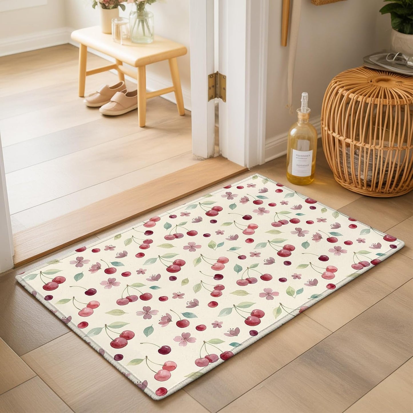Summer Cherry Harvest Flower Area Rug 2x3,Watercolor Fruit on Light Yellow Non Slip Round Rugs for Living Room,Soft Floor Mat Washable Low Pile Carpet for Bedroom Dining Room Entryway