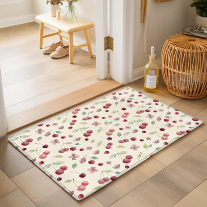 Summer Cherry Harvest Flower Area Rug 2x3,Watercolor Fruit on Light Yellow Non Slip Round Rugs for Living Room,Soft Floor Mat Washable Low Pile Carpet for Bedroom Dining Room Entryway