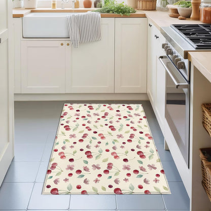 Summer Cherry Harvest Flower Area Rug 2x3,Watercolor Fruit on Light Yellow Non Slip Round Rugs for Living Room,Soft Floor Mat Washable Low Pile Carpet for Bedroom Dining Room Entryway