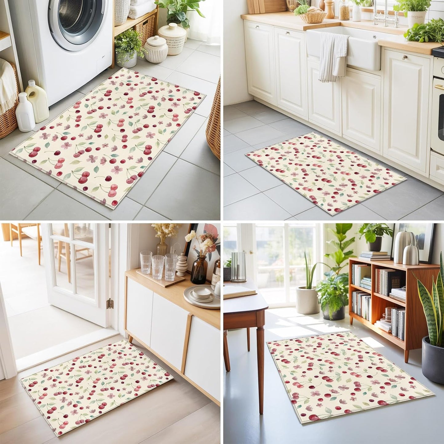Summer Cherry Harvest Flower Area Rug 2x3,Watercolor Fruit on Light Yellow Non Slip Round Rugs for Living Room,Soft Floor Mat Washable Low Pile Carpet for Bedroom Dining Room Entryway