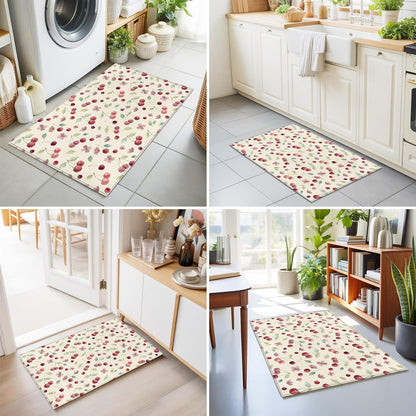 Summer Cherry Harvest Flower Area Rug 2x3,Watercolor Fruit on Light Yellow Non Slip Round Rugs for Living Room,Soft Floor Mat Washable Low Pile Carpet for Bedroom Dining Room Entryway